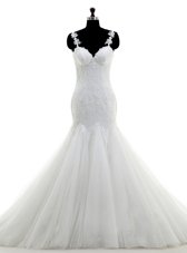 Brush Train Mermaid Wedding Gown White Spaghetti Straps Tulle Sleeveless With Train Side Zipper