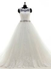High Quality White Clasp Handle Scalloped Beading and Lace and Appliques Wedding Dress Tulle Sleeveless Brush Train