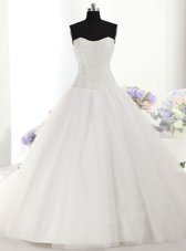 White Sleeveless Brush Train Beading With Train Wedding Gowns