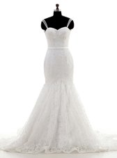 Designer Lace With Train Mermaid Sleeveless White Wedding Dresses Brush Train Backless