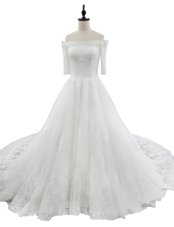 White Wedding Dress Wedding Party and For with Lace Off The Shoulder Half Sleeves Chapel Train Zipper