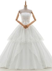 Delicate Ruffled Floor Length White Wedding Dress Strapless Sleeveless Lace Up