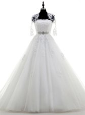 Designer White Tulle Lace Up Wedding Dress Sleeveless With Brush Train Beading and Lace and Appliques