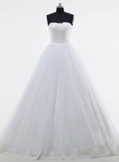 Superior With Train White Bridal Gown Tulle Brush Train Sleeveless Lace and Appliques