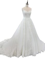 White A-line Tulle Straps Sleeveless Appliques With Train Zipper Wedding Gown Chapel Train