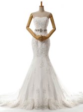 Pretty Mermaid White Lace Lace Up Wedding Gowns Sleeveless With Brush Train Beading and Lace and Appliques