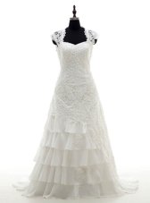 Lace and Ruffled Layers Bridal Gown White Lace Up Cap Sleeves With Brush Train