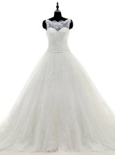 Scoop White Sleeveless Tulle Brush Train Zipper Bridal Gown for Wedding Party