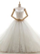 Shining Lace White Sleeveless With Train Appliques Zipper Wedding Dress
