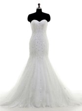 Exquisite Mermaid White Sleeveless With Train Beading and Lace Zipper Wedding Gowns