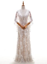 Lace Peach Half Sleeves Brush Train Appliques With Train Wedding Dresses