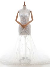 Great Beading and Sequins Wedding Dresses White Zipper Sleeveless With Train Court Train