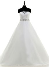 Customized White A-line Strapless Sleeveless Organza With Train Sweep Train Backless Beading and Lace Wedding Gown