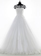 Mermaid White Side Zipper Wedding Dress Lace and Appliques Cap Sleeves With Brush Train