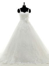 Trendy With Train White Bridal Gown Tulle Brush Train Sleeveless Lace and Appliques and Hand Made Flower