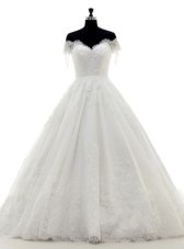 Free and Easy Off the Shoulder Lace With Train A-line Short Sleeves White Wedding Dress Brush Train Clasp Handle