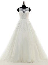 Chic Off the Shoulder White Sleeveless Tulle Court Train Lace Up Wedding Gowns for Wedding Party