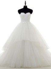 Exquisite White Lace Zipper Sweetheart Sleeveless Wedding Dress Sweep Train Lace and Appliques