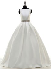 Suitable With Train White Bridal Gown Scoop Sleeveless Sweep Train Zipper