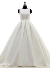 New Arrival White Ball Gowns Scoop Sleeveless Satin With Brush Train Criss Cross Lace and Appliques and Bowknot Bridal Gown