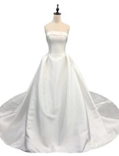 Popular White Lace Up Wedding Dress Beading Sleeveless With Brush Train
