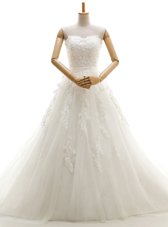 Appliques Wedding Gown White Lace Up Sleeveless With Train Court Train