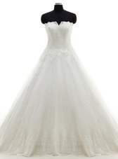 Trendy Lace Strapless Sleeveless Brush Train Clasp Handle Wedding Dresses White Tulle