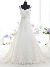 Wonderful Lace V-neck Sleeveless Brush Train Backless Beading and Lace Bridal Gown in White