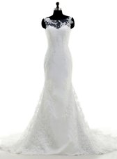 Spectacular White Satin Clasp Handle V-neck Long Sleeves With Train Wedding Gowns Brush Train Lace
