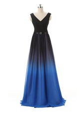 Modest V-neck Sleeveless Dress for Prom Floor Length Belt Blue And Black Chiffon and Tulle