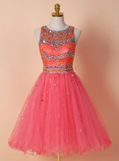 Low Price Watermelon Red A-line Scoop Sleeveless Tulle Knee Length Zipper Beading Cocktail Dresses