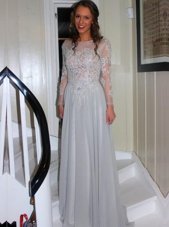 Grey Bateau Neckline Appliques Prom Evening Gown Long Sleeves Backless