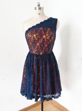 High Class One Shoulder Sleeveless Zipper Party Dress for Toddlers Navy Blue Lace