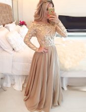 Custom Design Scoop Floor Length A-line Long Sleeves Brown Prom Dresses Zipper