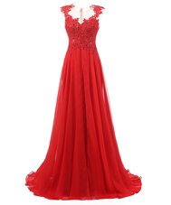 Sumptuous Red Chiffon Zipper Evening Dress Sleeveless With Brush Train Appliques