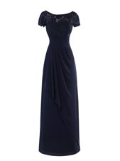 Customized Navy Blue Chiffon Zipper Scoop Short Sleeves Floor Length Prom Dresses Lace and Ruching