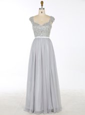 Luxury Scoop Sleeveless Chiffon Prom Gown Lace Sweep Train Zipper