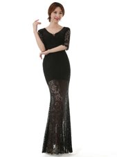 Scoop Black Half Sleeves Lace Zipper Homecoming Dress for Prom and Party