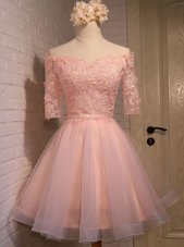 High Class Peach A-line Off The Shoulder Short Sleeves Organza Mini Length Lace Up Appliques Party Dress for Girls