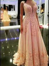 Floor Length A-line Sleeveless Peach Homecoming Dress Backless