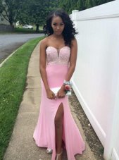 Adorable Rose Pink A-line Beading Prom Dress Backless Chiffon Sleeveless Floor Length