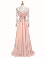 Chiffon Scoop Long Sleeves Sweep Train Backless Beading Prom Dress in Peach