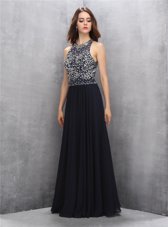Artistic Black Chiffon Backless Halter Top Sleeveless Floor Length Dress for Prom Beading