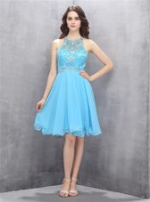 On Sale Blue A-line Scoop Sleeveless Chiffon Knee Length Criss Cross Beading Party Dress for Toddlers