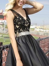 Black Party Dresses For with Beading and Appliques V-neck Sleeveless Zipper