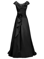 Scoop Black Chiffon Zipper Cap Sleeves Floor Length Beading and Appliques