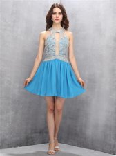 Halter Top Sleeveless Zipper Party Dress Wholesale Baby Blue Chiffon