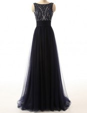 Sweep Train A-line Dress for Prom Black Bateau Tulle Sleeveless With Train Backless