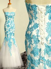 Captivating Mermaid Floor Length Blue and Blue And White Homecoming Dress Tulle Sleeveless Appliques