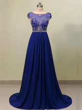 Scoop Cap Sleeves Chiffon With Brush Train Zipper Prom Party Dress in Royal Blue for with Beading